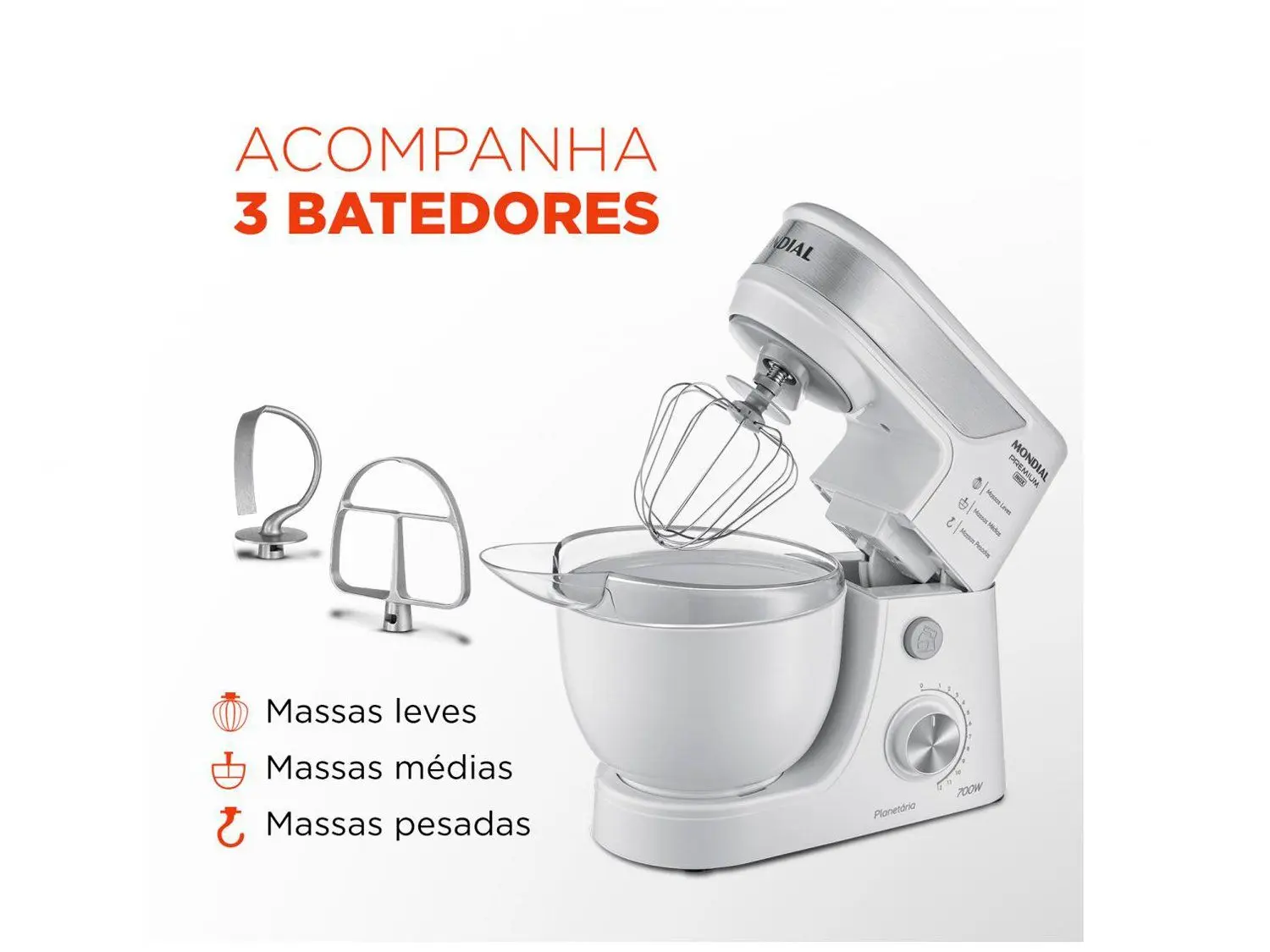 Batedeira Planetária Mondial Branco e Inox 700W
