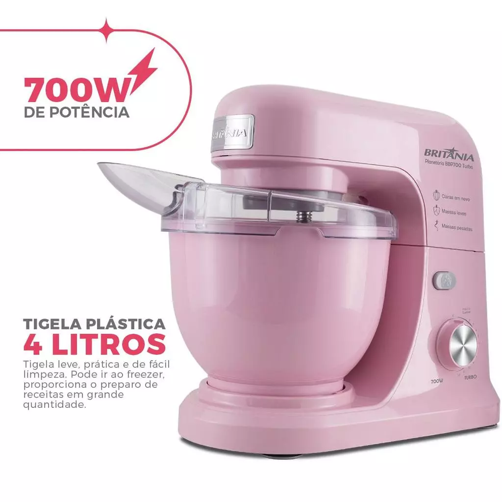 Batedeira Planetária Rosa Britânia 700W Turbo 4L