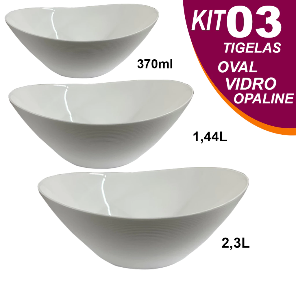 Conjunto Jogo de tigelas 3 peças Travessas Oval em Vidro Temperado