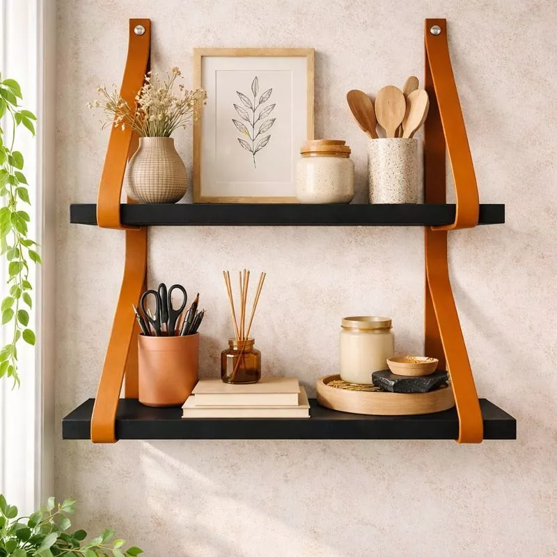 Kit 2 Prateleiras 40x15 cm de MDF Alças de Couro