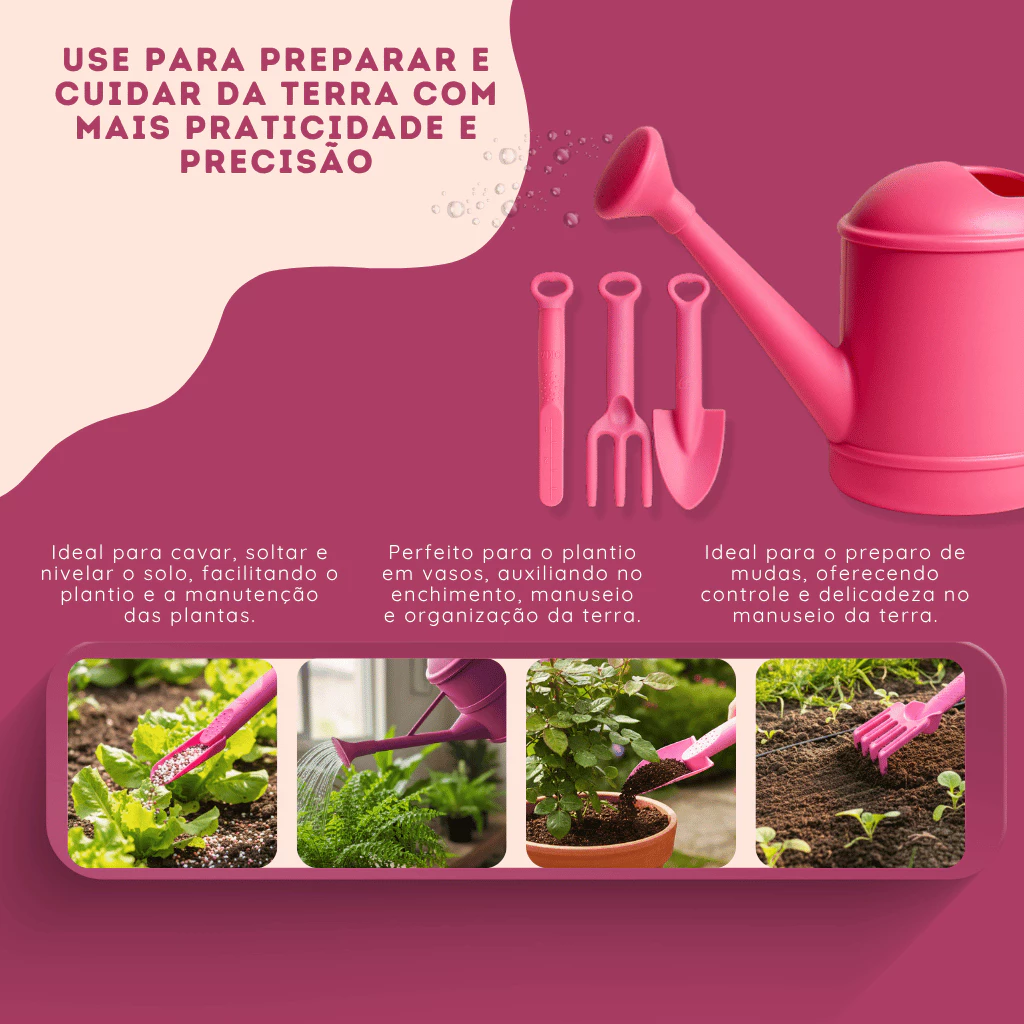 Kit Jardinagem - 4 Peças com Regador e Ferramentas Varias Cores