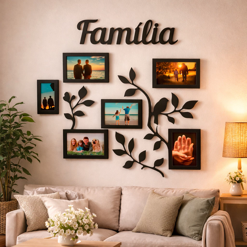 Painel Porta Retrato Parede MDF Familia 6 Fotos Decorativo