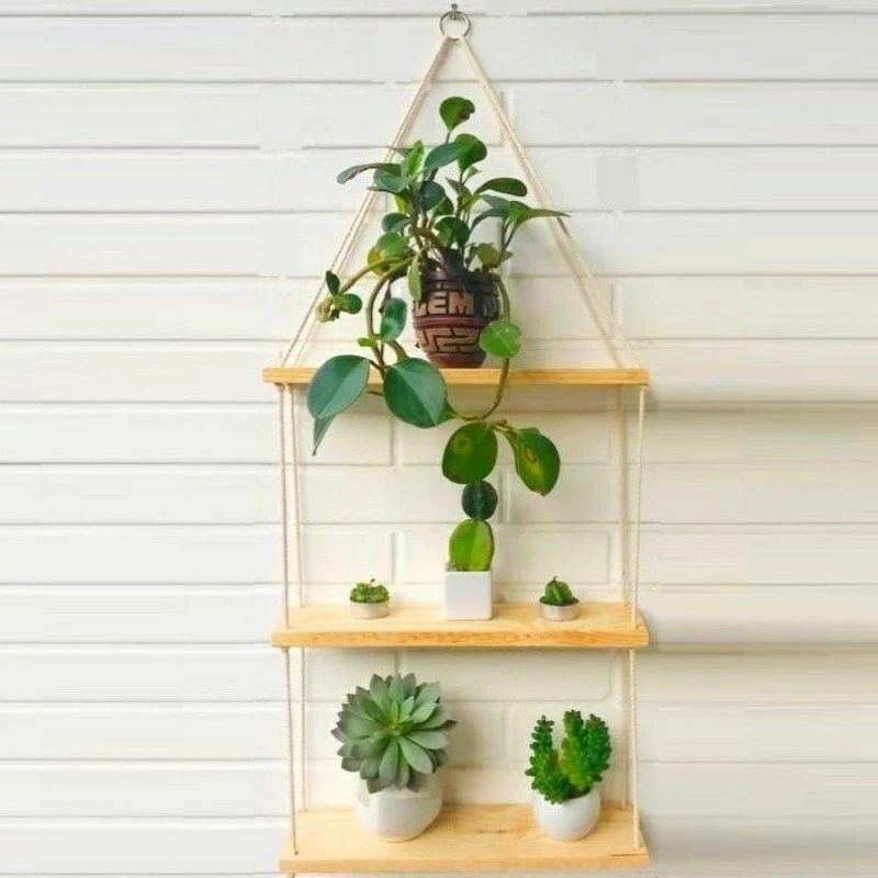 Prateleiras de Madeira Suspensa com Corda 3 andares