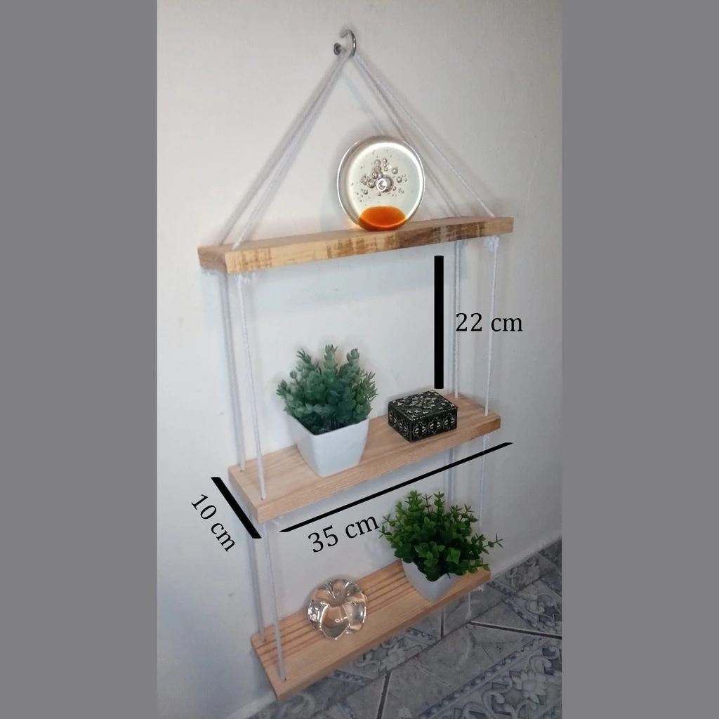 Prateleiras de Madeira Suspensa com Corda 3 andares