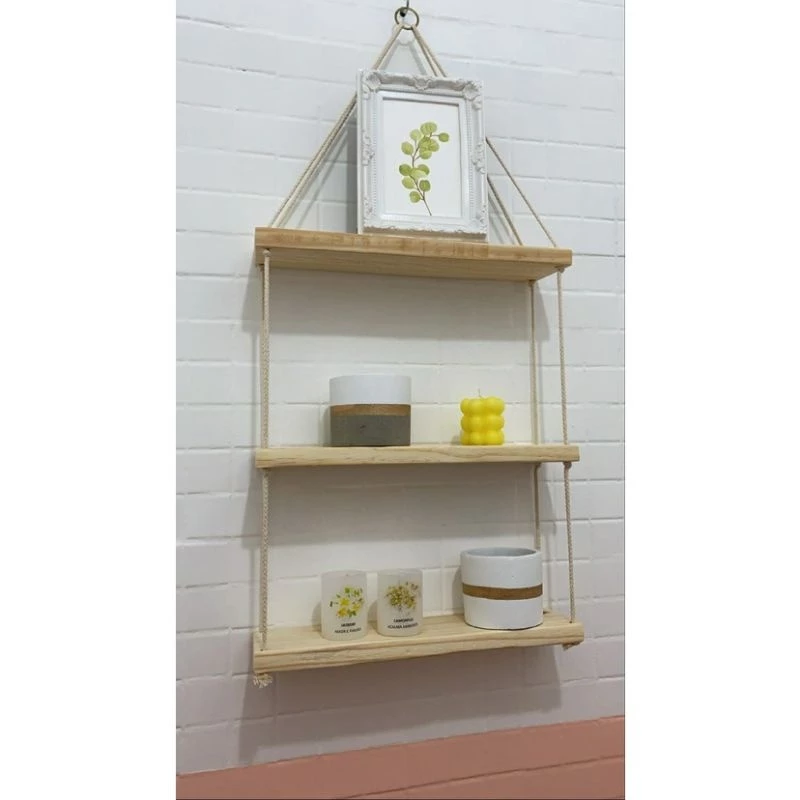Prateleiras de Madeira Suspensa com Corda 3 andares