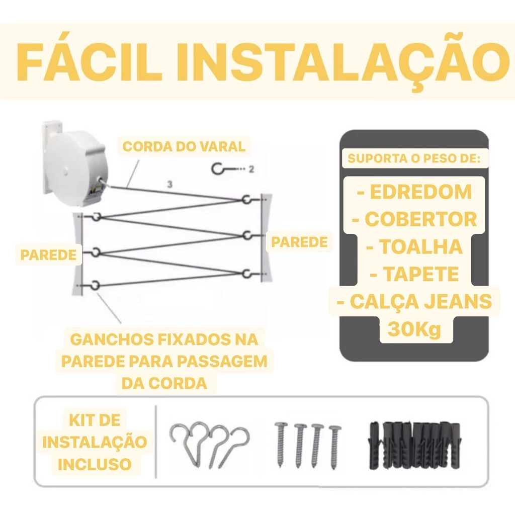 Varal Mania 30/15mts corda Recolhível Parede