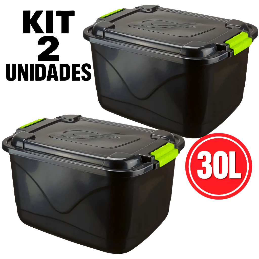 Caixas Organizadoras 30L Preta Reforçada Com Trava Tampa Multiuso
