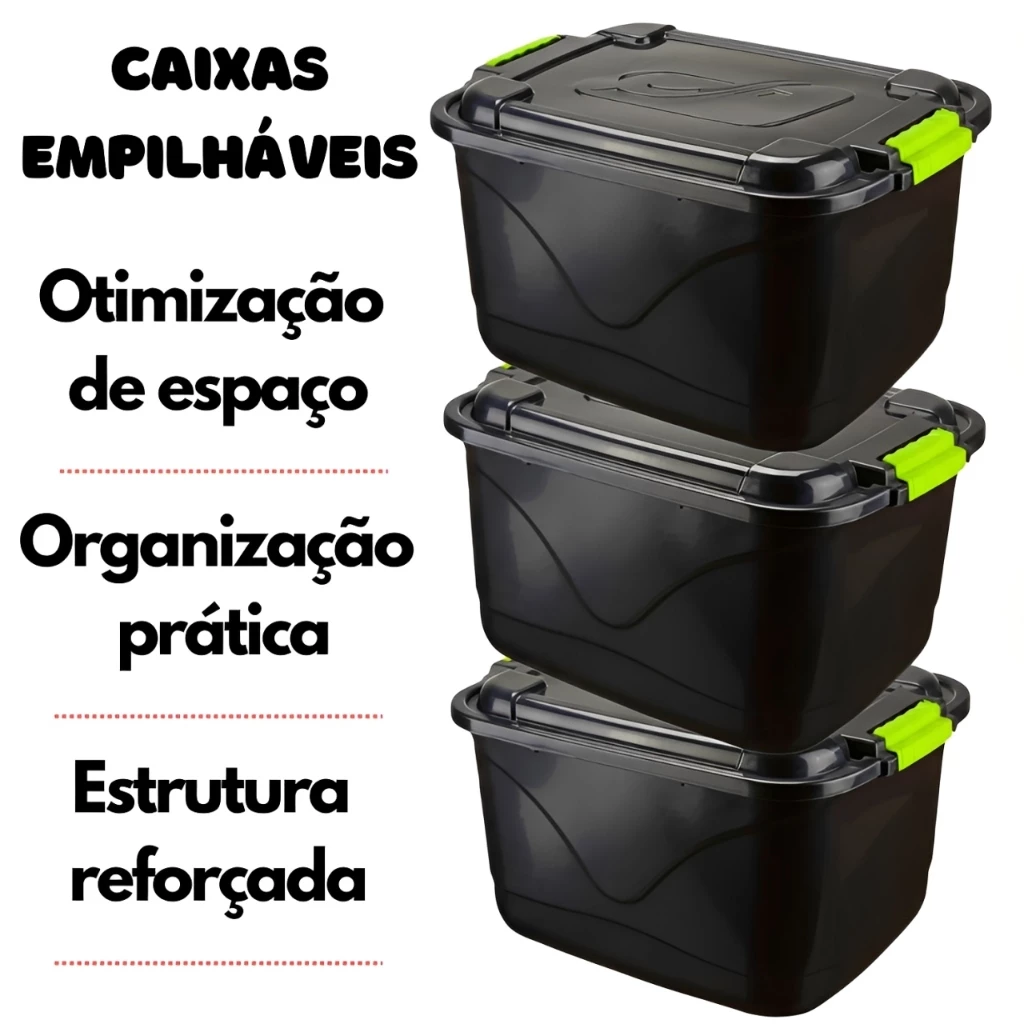 Caixas Organizadoras 30L Preta Reforçada Com Trava Tampa Multiuso