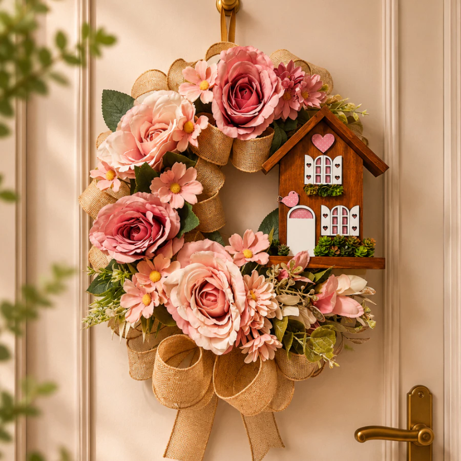 Decoração para datas especiais sem exagero: como deixar a casa bonita no Natal, na Páscoa e nos aniversários 11 Guirlanda Floral com Casinha Adorno Parede Gra Decorações
