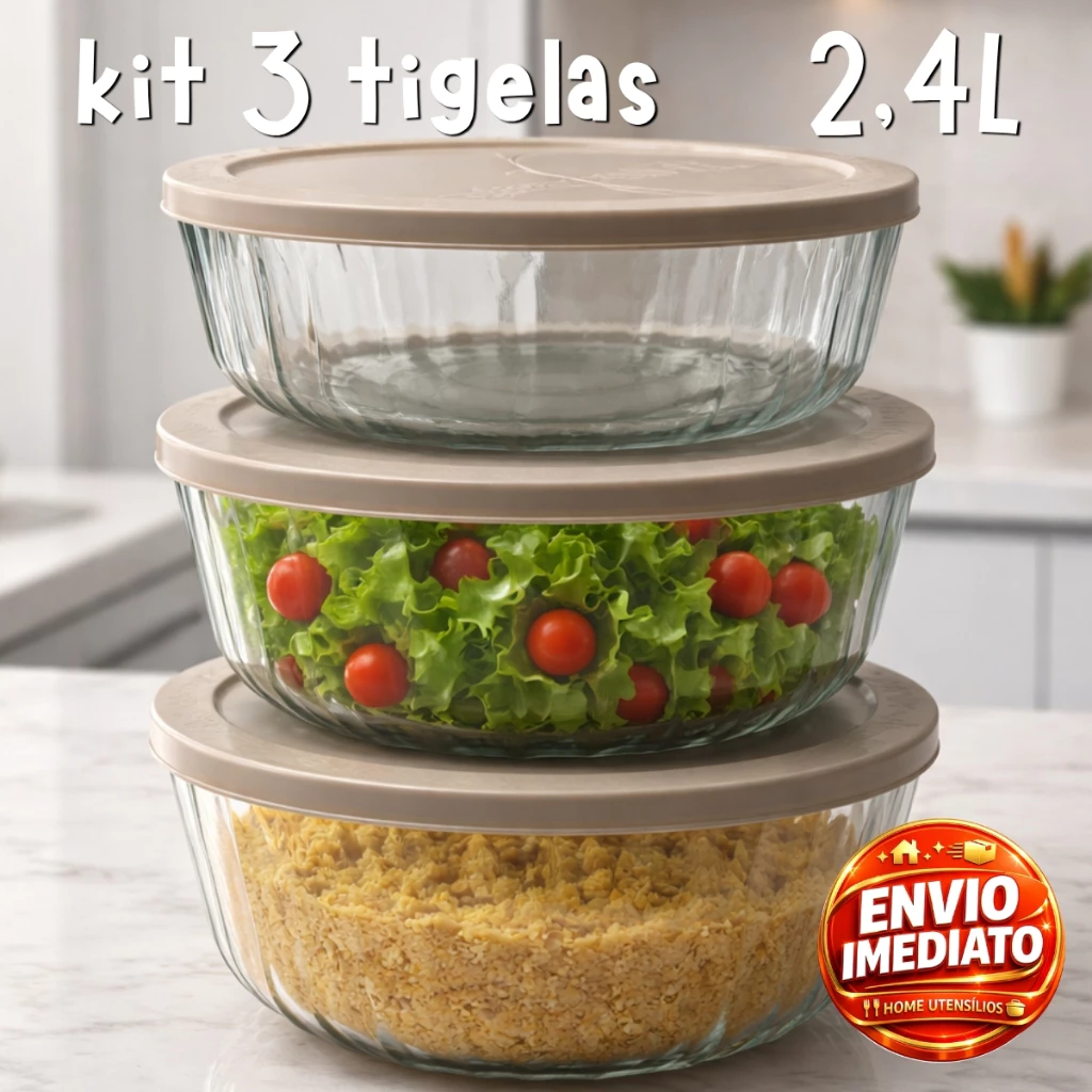 Kit 3 Tigelas Saladeira de Vidro com tampa plástica 2,4l