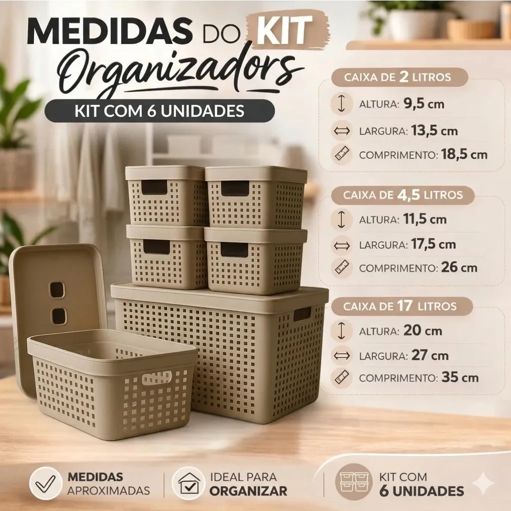 Kit 6 Caixas Organizadoras Com Tampa Invisivel 2l 4,5l 17l