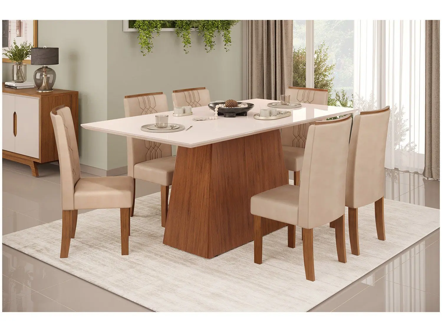 Mesa de Jantar 6 Cadeiras Off White e Creme 01 Casa das Tres Marias