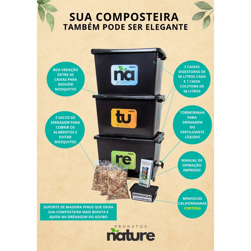 Composteira Doméstica Minhocário 168L Com Suporte