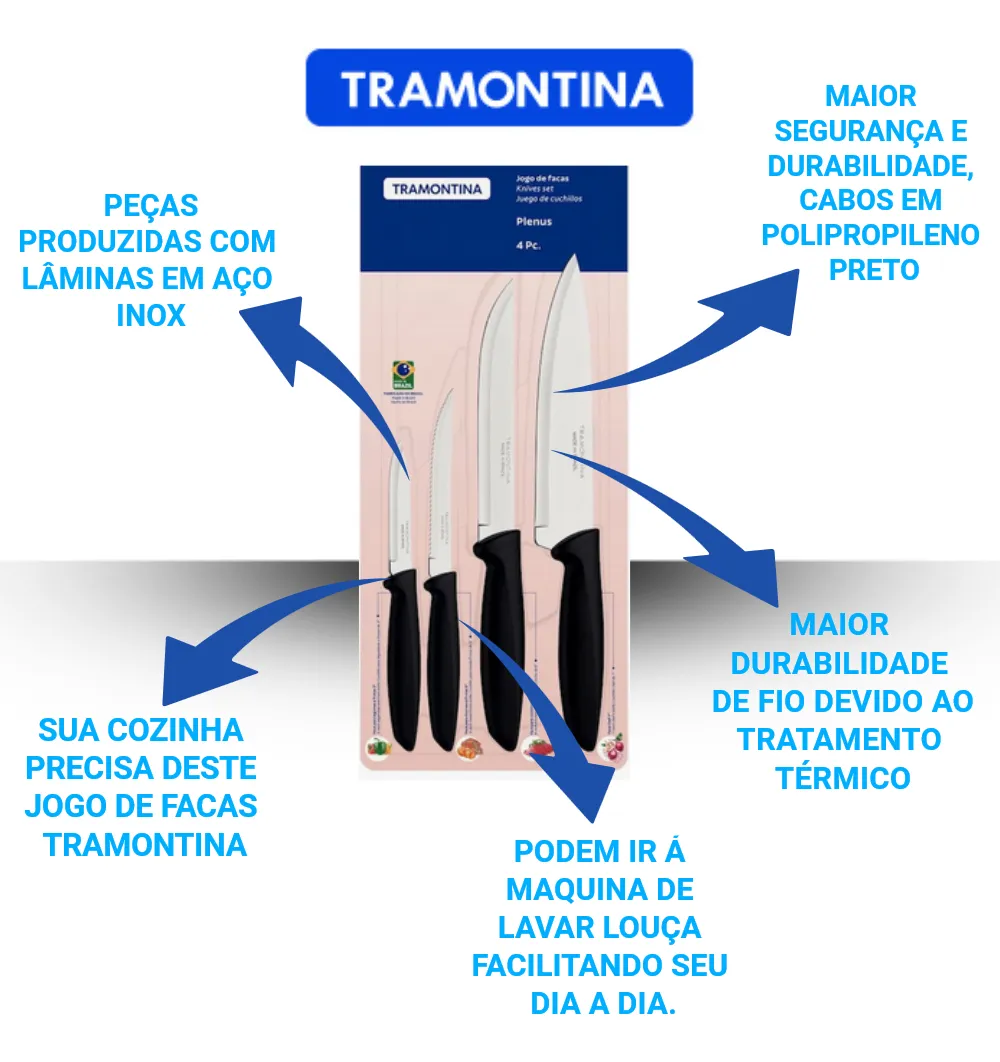 Jogo Facas Tramontina Kit Conjunto Faca Cozinha Churrasco 4p Preto