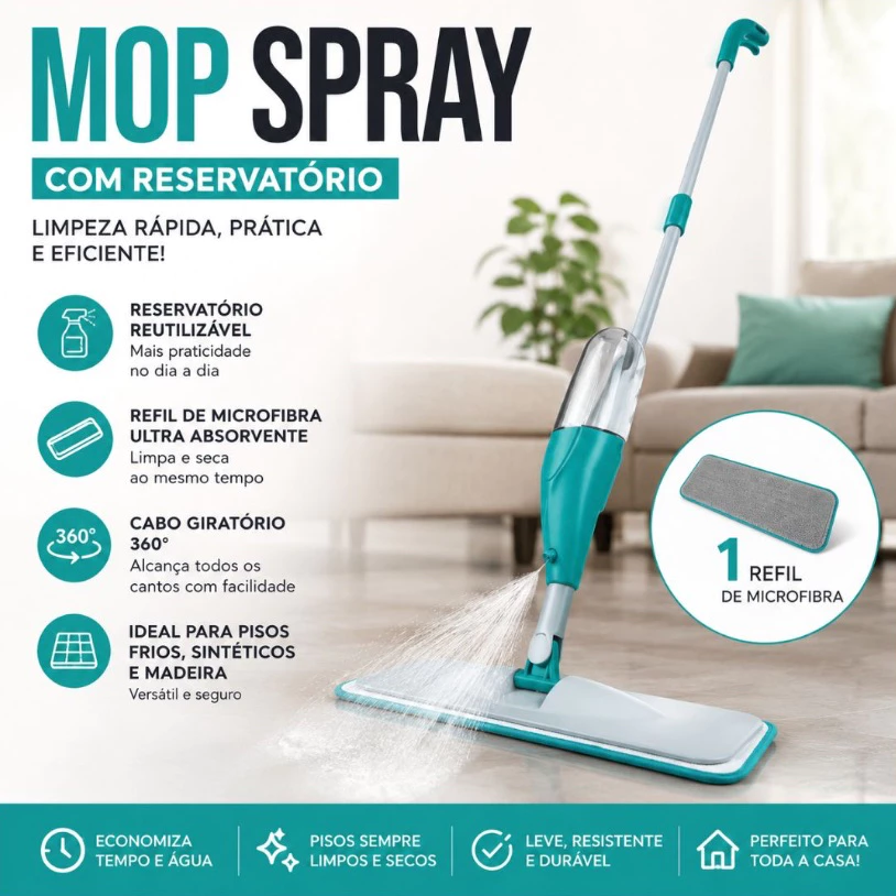 MOP Spray Reforçado Rodo Esfregão com Reservatório Rodo Magico Limpa Seca