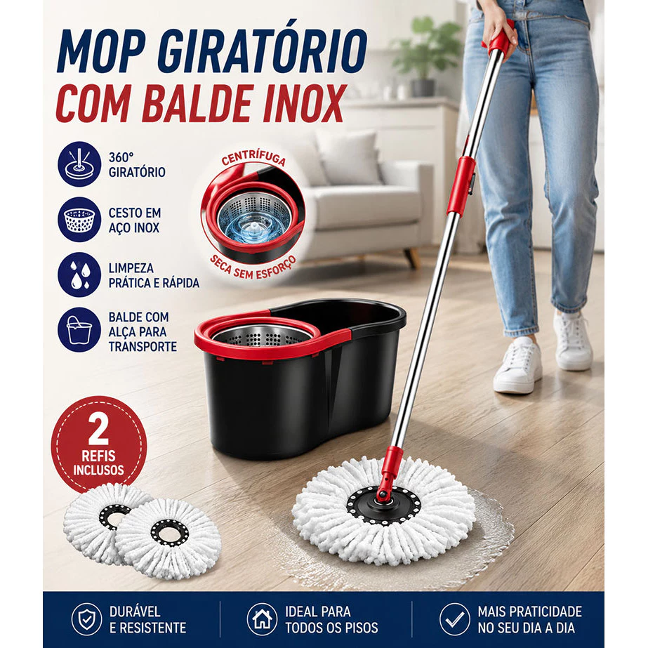 Mop desaguador automatico giratorio 360° Cabo aco Inox Cesto aco Inox com balde 01 Casa das Tres Marias