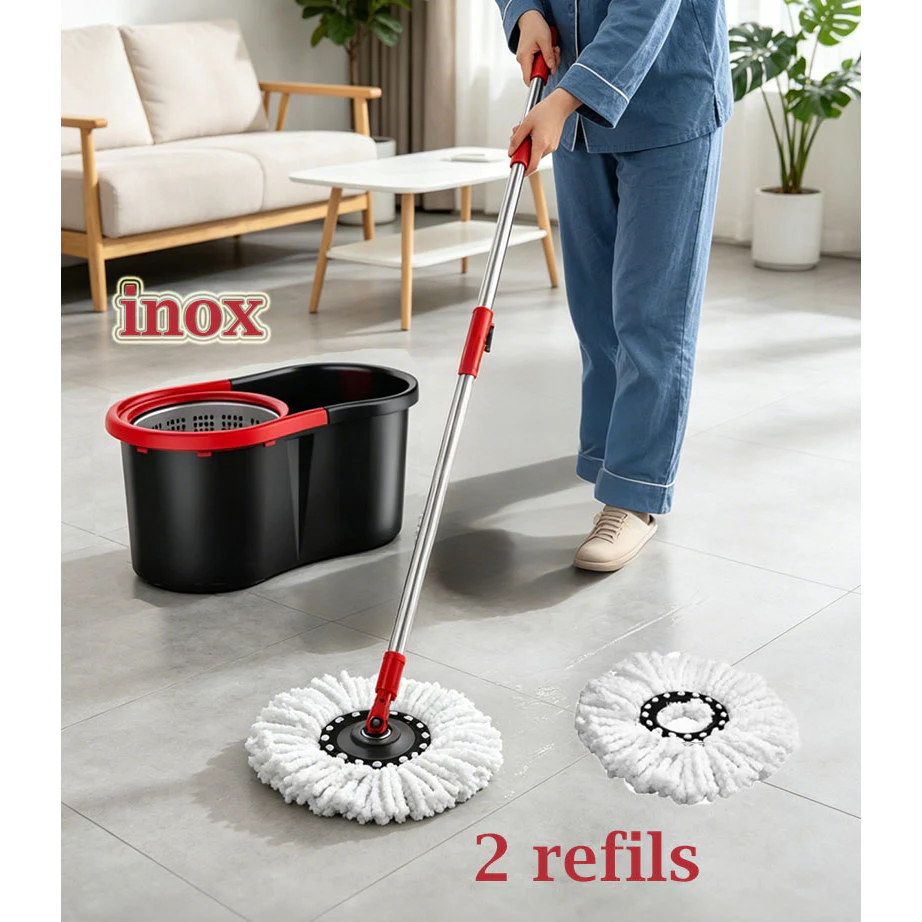 Mop desaguador automatico giratorio 360° Cabo aco Inox Cesto aco Inox com balde 02 Casa das Tres Marias