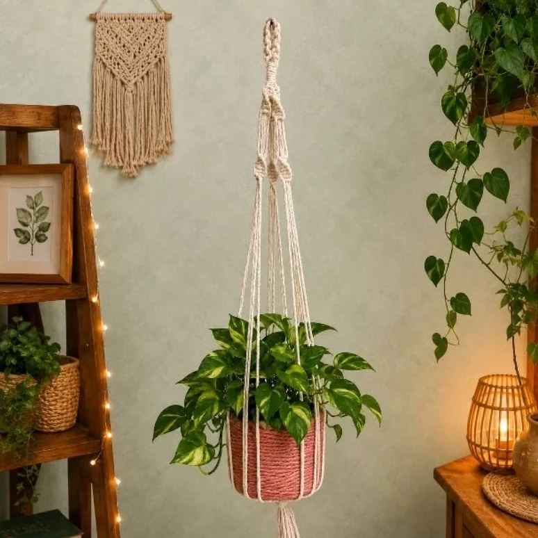 Suporte para Plantas em Macramê 80cm | Feito à Mão | Suporte para Vaso Suspenso