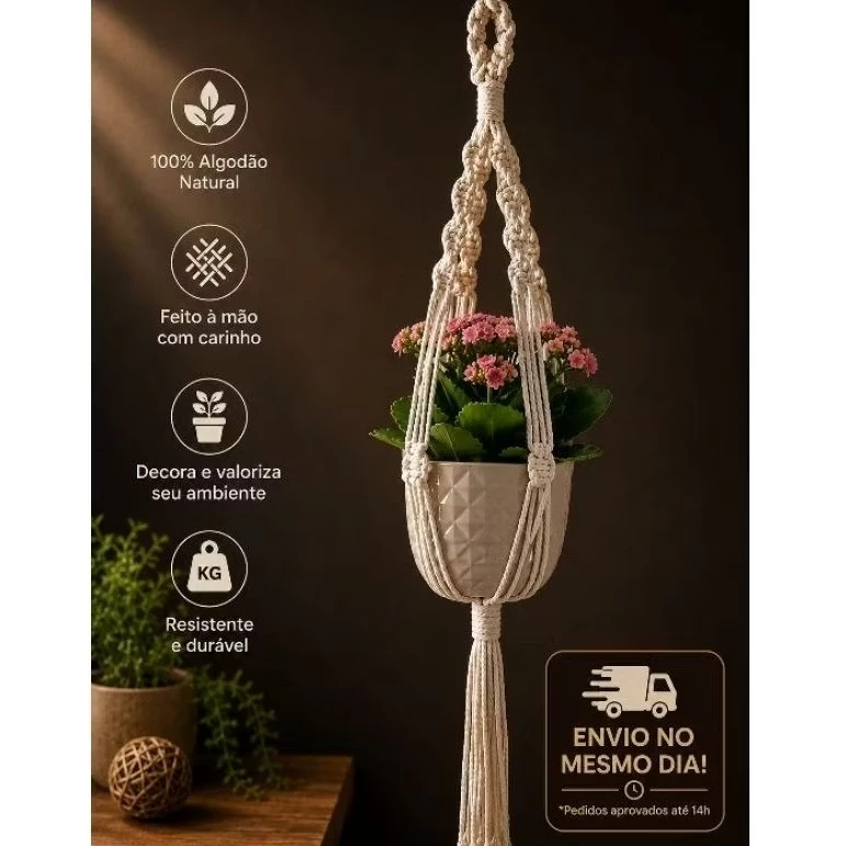 Suporte para Plantas em Macramê 80cm | Feito à Mão | Suporte para Vaso Suspenso