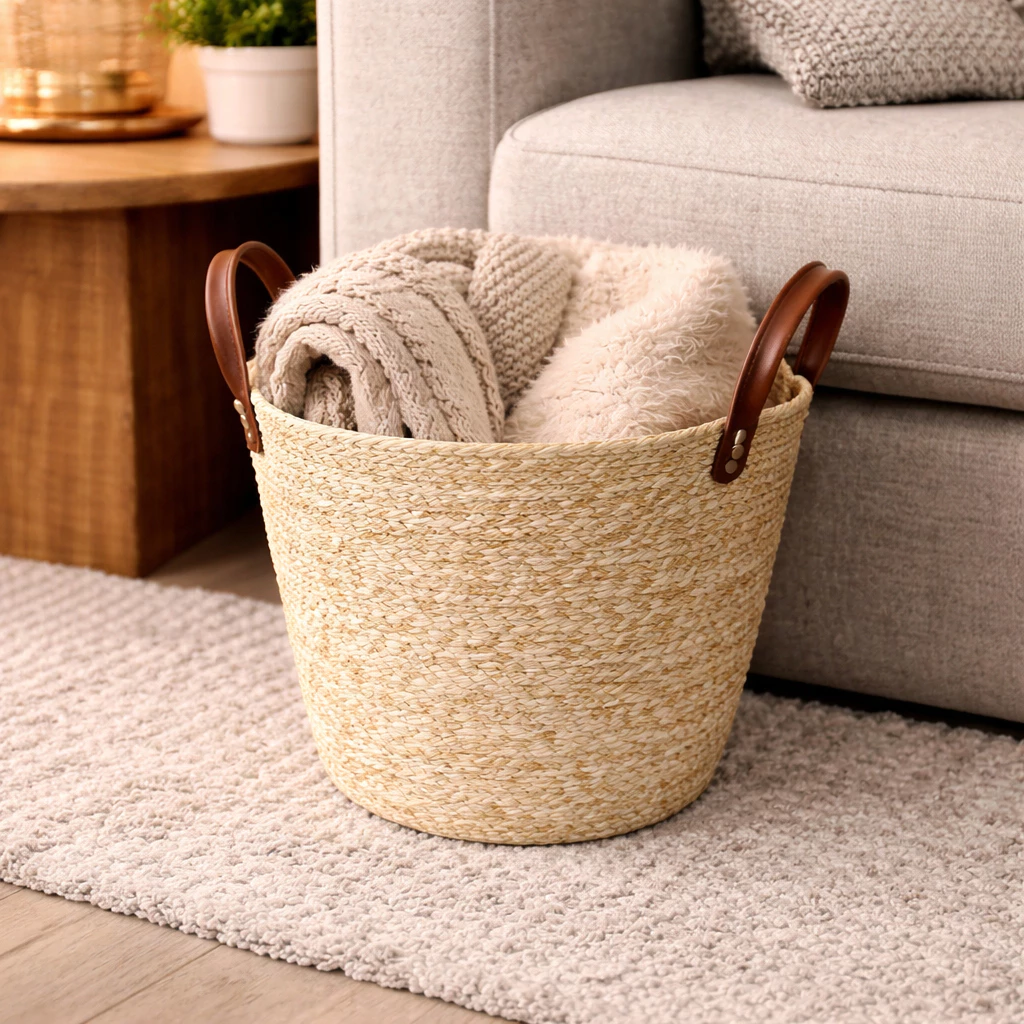 Cesto Organizador Fibra Natural com Alca 33x28cm 02 Casa das Tres Marias