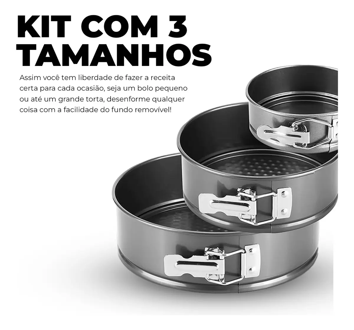 Kit 3 Formas Para Bolo Torta Com Fundo Removível Antiaderente Aço Carbono