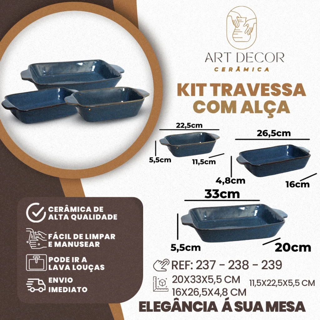 Kit 3 Travessas Com Alca 1 Pequena 1 Media 1 Grande Ceramica 03 Casa das Tres Marias