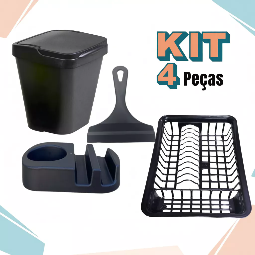 Kit Cozinha PRETO Porta Detergente Rodo de Pia Lixeira Escorredor de Louca Area Gourmet 01 Casa das Tres Marias