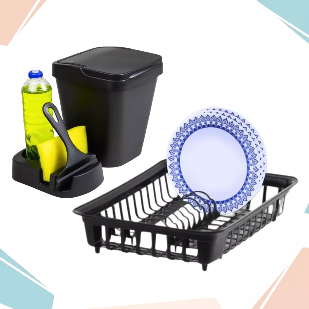 Kit Cozinha PRETO Porta Detergente Rodo de Pia Lixeira Escorredor de Louca Area Gourmet 02 Casa das Tres Marias