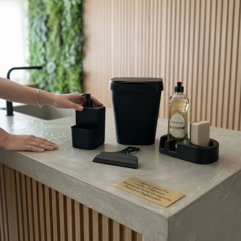 Kit Pia Cozinha Organizador Completo Luxo Lixeira 5L 02 Casa das Tres Marias