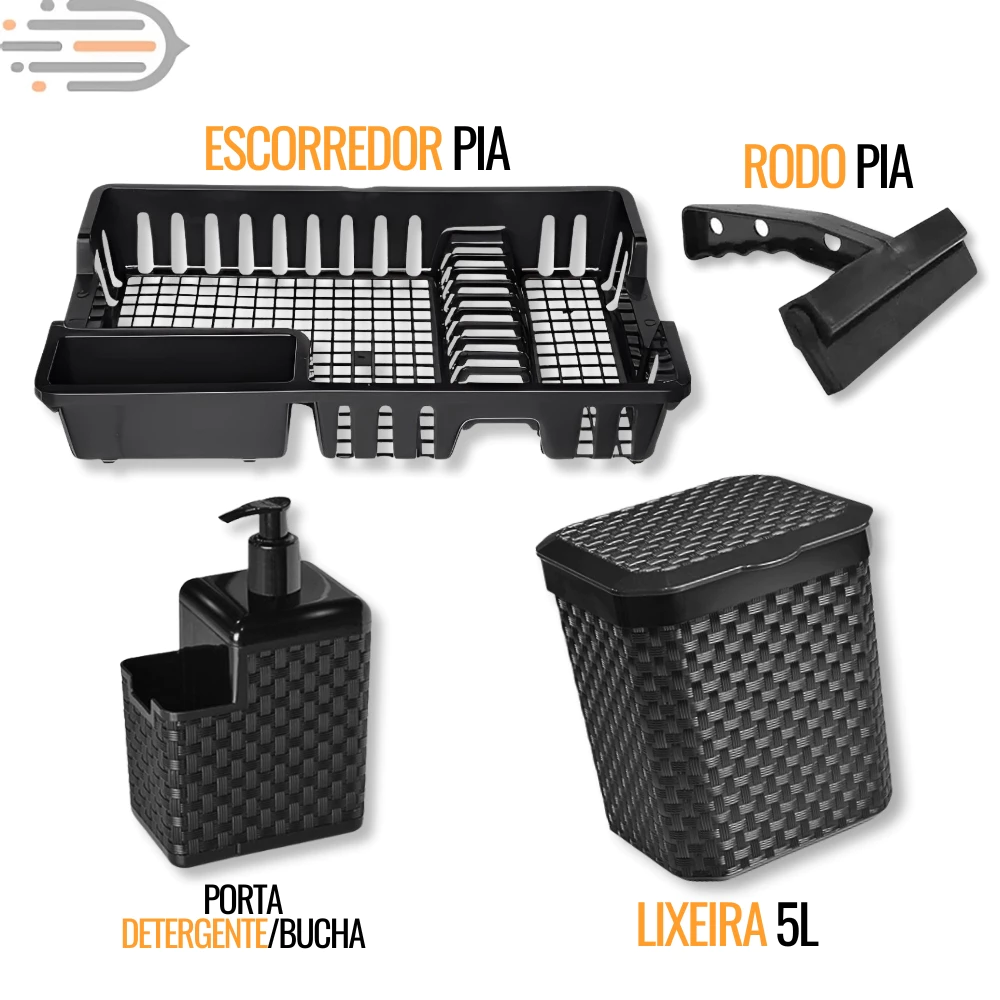 Kit Pia Cozinha Rattan Preto Lixeira 5L 7L Escorredor Dispenser Porta Detergente Rodo 01 Casa das Tres Marias