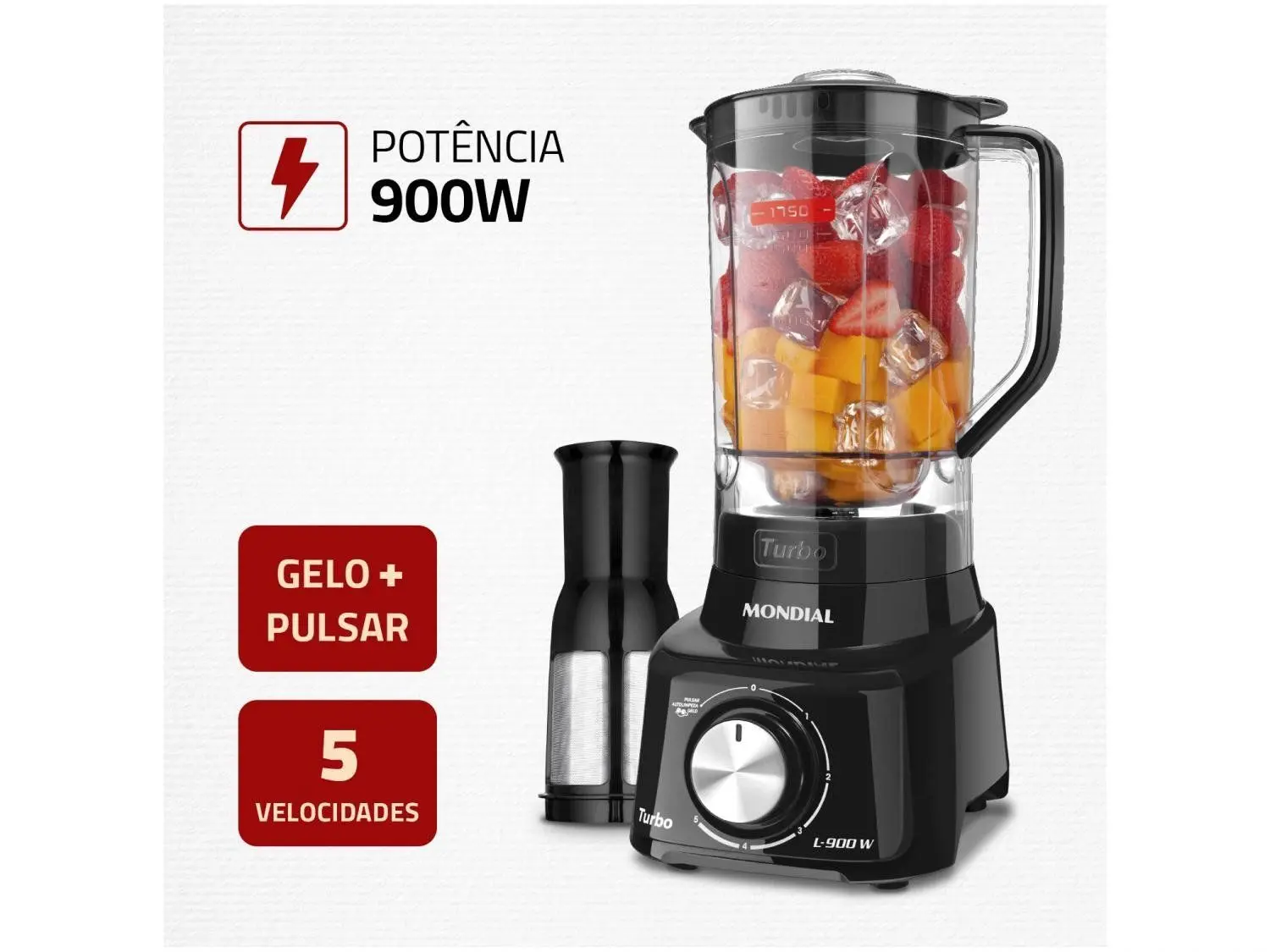 Liquidificador Mondial Turbo L-900 FB Copo Preto Com Filtro 05 Velocidades 900W