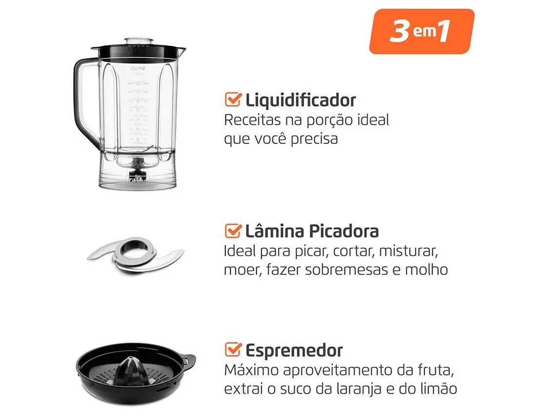 Multi processador de Alimentos Mondial 1000W Preto Turbo Chef 3 em 1 02 Casa das Tres Marias