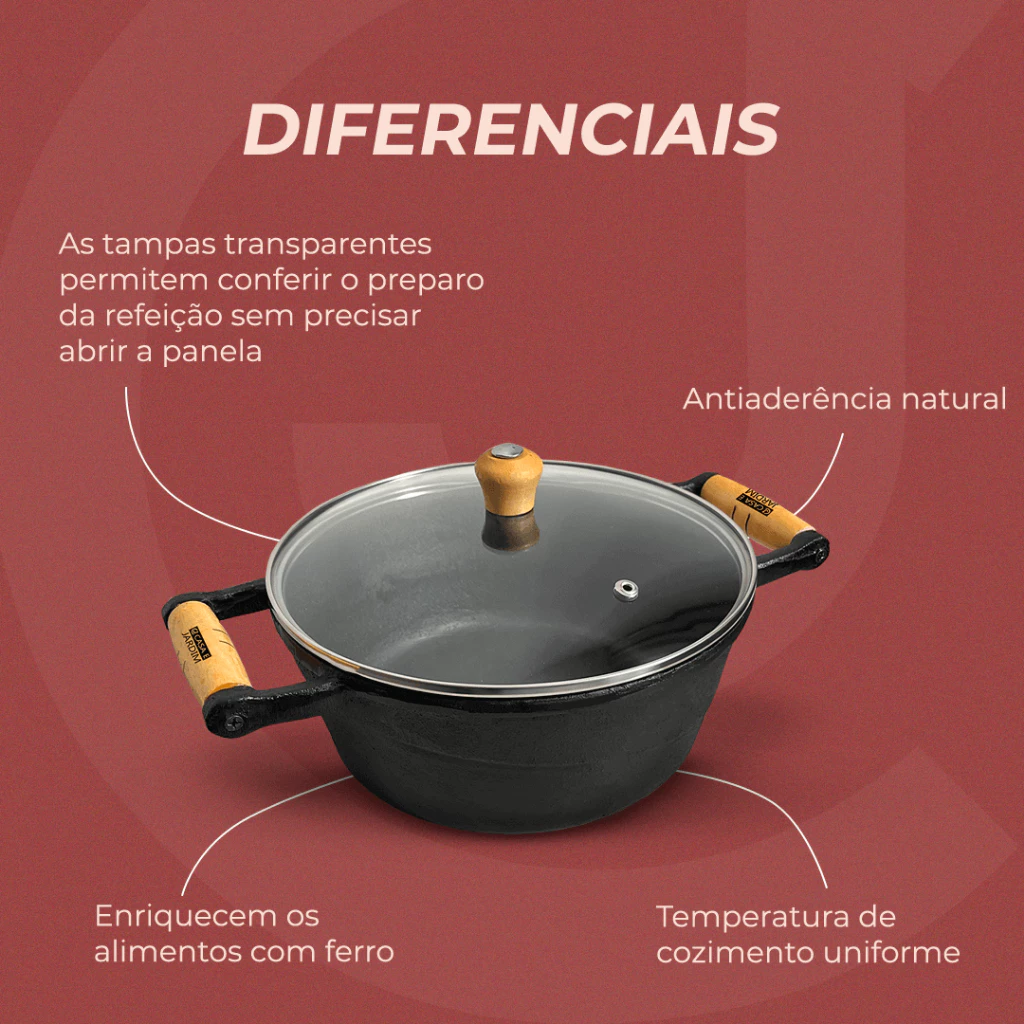 Panela De Ferro Fundido Cacarola 14cm Com Tampa De Vidro 02 Casa das Tres Marias