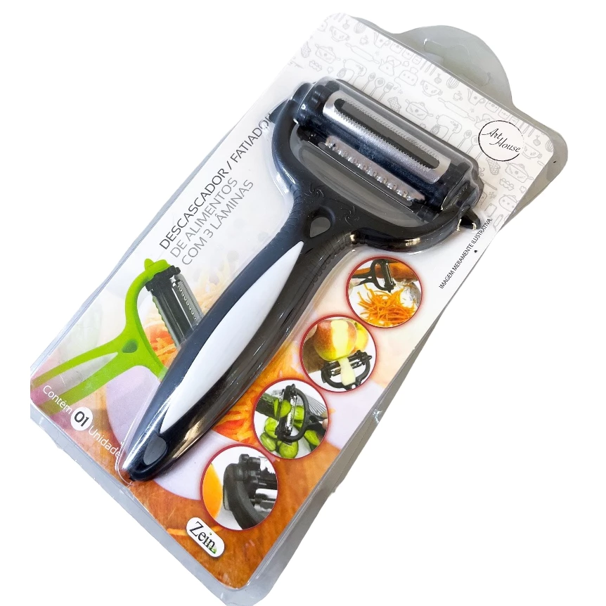 Descascador e Fatiador de Legumes Frutas Premium Multifuncional Com 3 Laminas Afiadas Aco Inox 01 Casa das Tres Marias