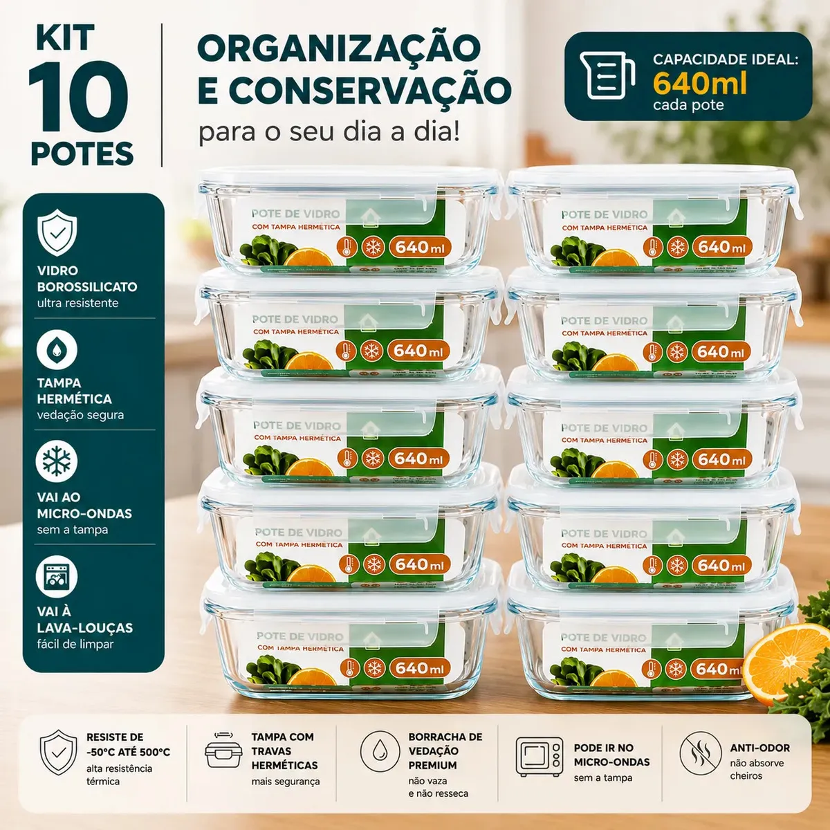 Kit 10 Potes Hermeticos De Vidro 640ml Haushop Tampa Vedacao Firme 01 Casa das Tres Marias